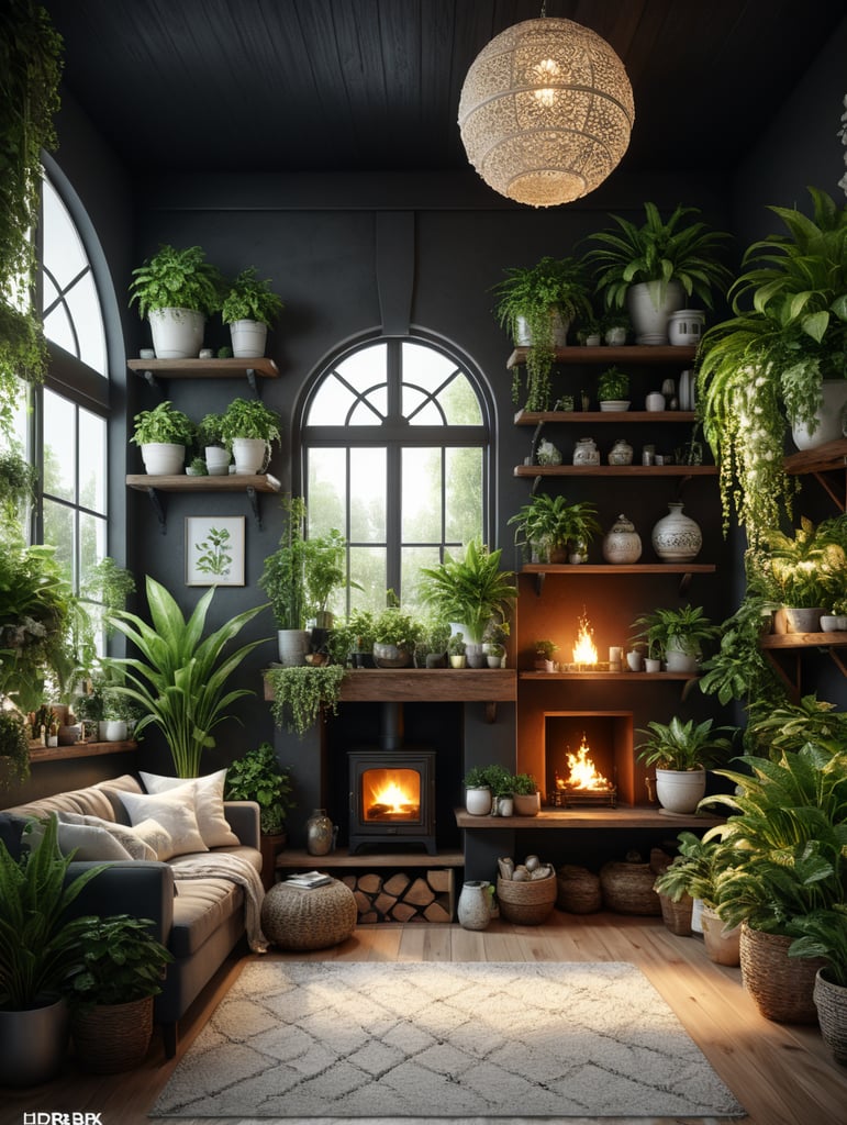 Scandinavian white cosy bright style home design with plants and decorations art on the walls bright ligh sharp focus