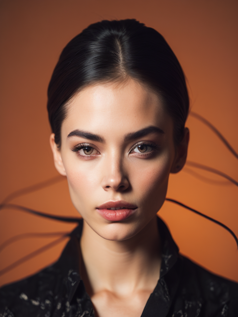 a fashion studio photo of a woman dressed in a black dress made of electrical wires, perfectly lit, solid orange background, Vivid saturated colors, Contrast color, studio photo, professional photo, Rich colors, Detailed image, detailed face