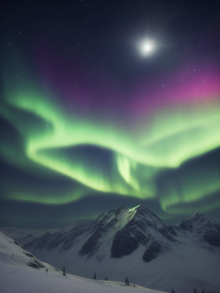 Ethereal aurora borealis over a snowy mountain range, with a full moon shining in the background, mystical, peaceful, serene, winter landscape, high detail
