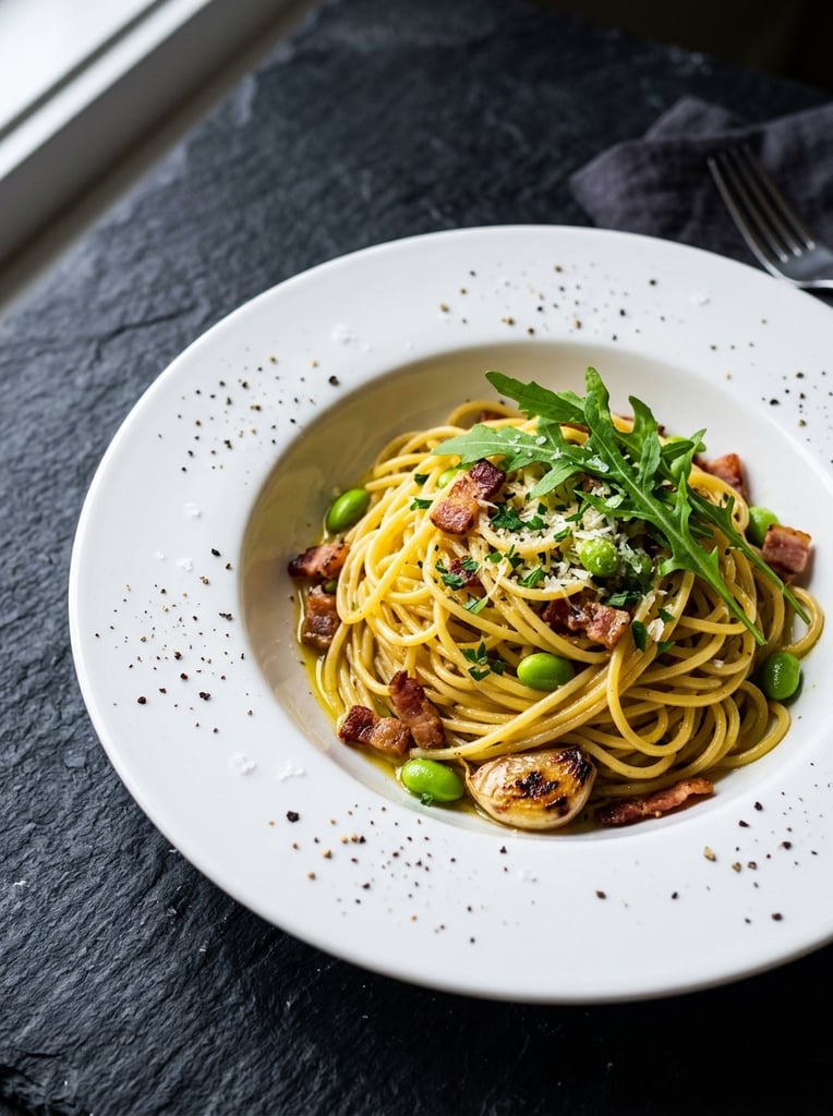 A high-contrast close-up of glossy spaghetti in a wide-rimmed white plate resting on a dark, textured slate surface. The golden pasta is tossed with crispy bacon bits, bright green edamame, and a roasted garlic clove, garnished with jagged fresh arugula leaves. Scattered coarse black pepper flakes dot the pristine white rim. Crisp directional lighting highlights the oily sheen of the noodles against the moody, expansive negative space of the dark table below.