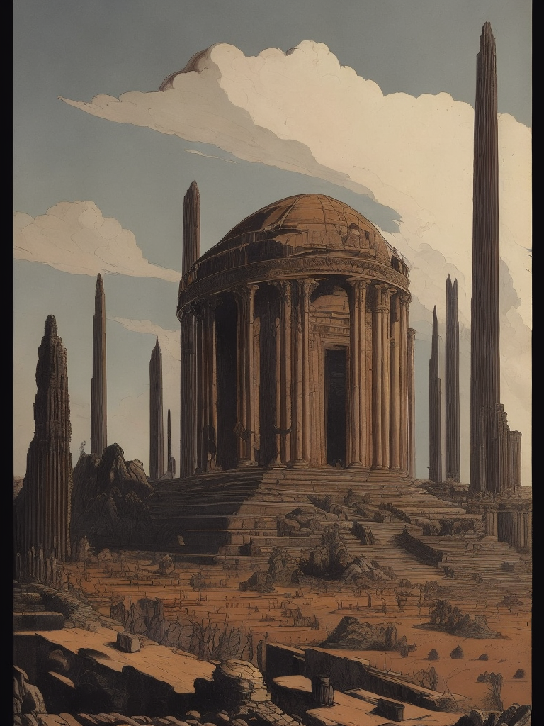 the parthanon designed by Giorgio de Chirico old and crumbling, ancient ruin Remnants of a futuristic highly developed society, machine-like lines, poster art style, magic atmosphere, desertcore, grimdark, drawn and colored by Michael Whelan, ink marks, fine lines, bold painterly brush strokes