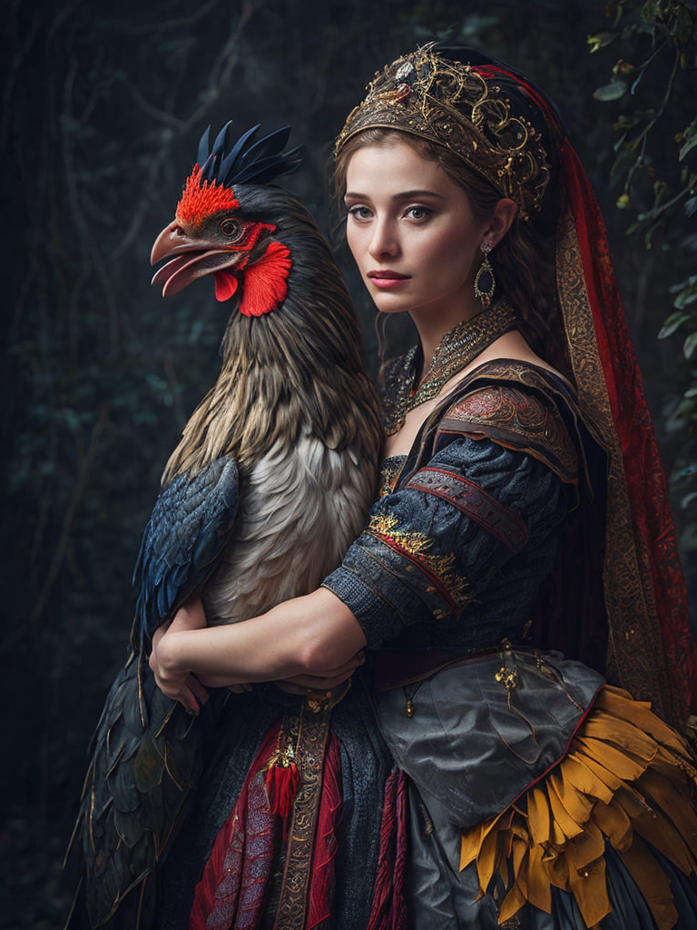 Portrait of a Beautiful women from Russian fairytale wearing traditional costume hugging a Rooster