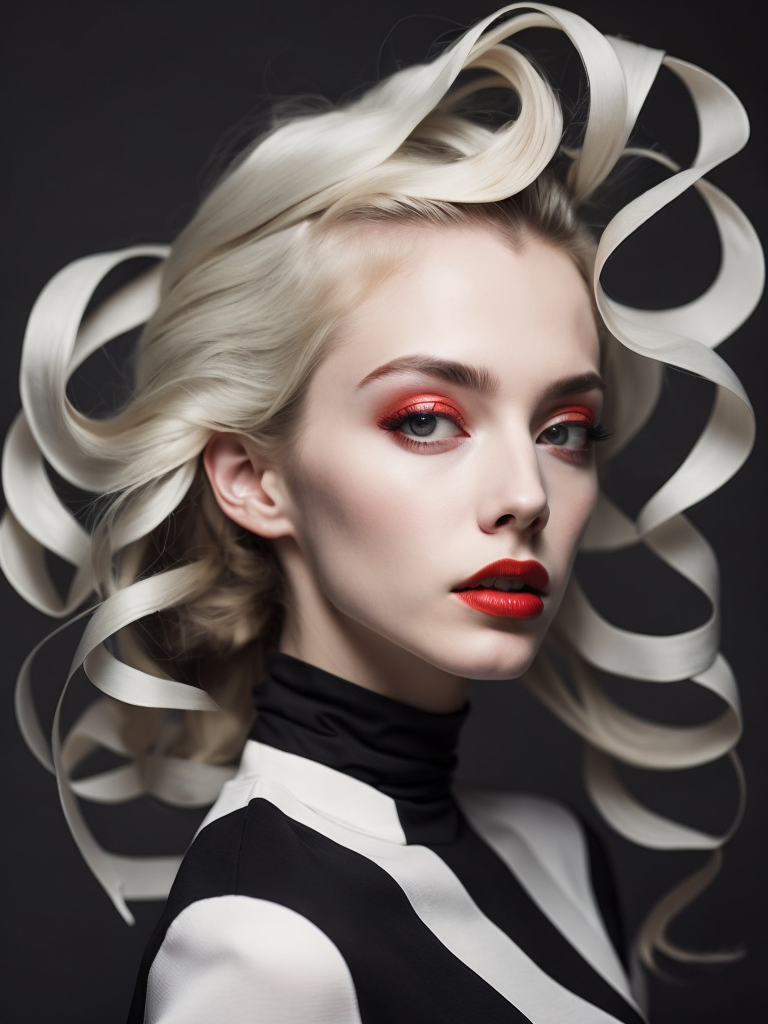 Pale-skinned girl model, wearing a black and white striped dress with a high collar, contrast lighting, Bright red make-up, Black and white curly long hair, dark background, fashion model, magazine cover, professional shot,