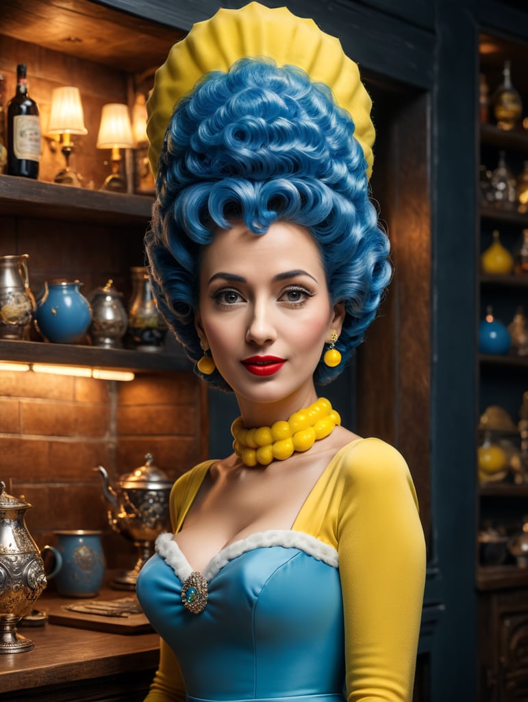 Photorealistic, Photograph of woman in a Marge Simpson costume, Simpsons TV haute couture, 1950s housewife, hirsute, magic, dream sequence, vibrant, hyper-realistic photograph, dreamlike figure, etherial figure, higher consciousness, shot with Canon EOS R5 RF 100mm F2. 8L MACRO IS USM,
