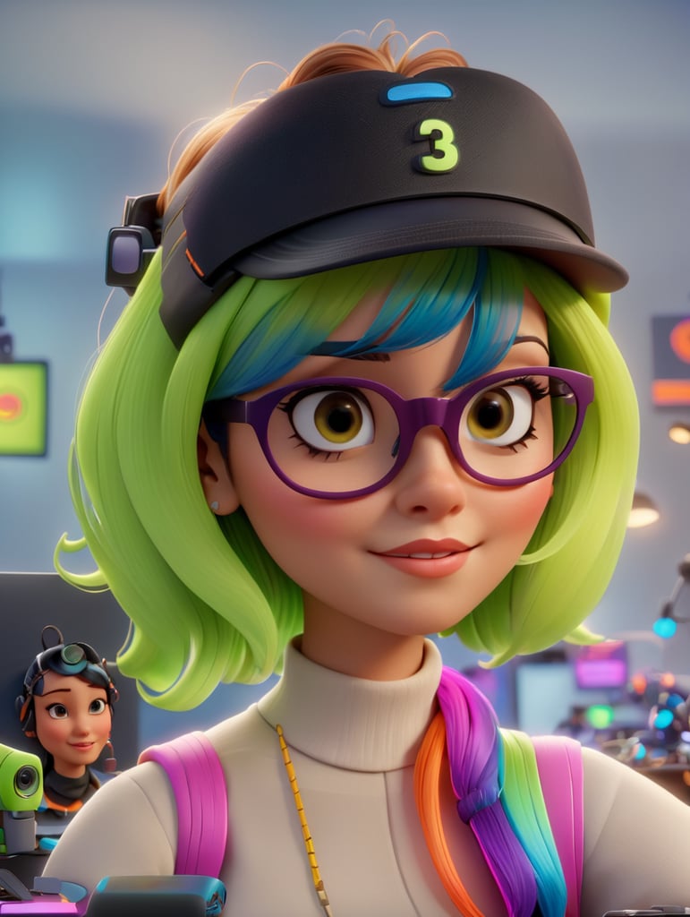 YOUNG WOMAN ENTREPRENEUR TECHNOLOGY E-COMMERCE OFFICE HIPSTER NEON PIXAR EXTREME DETAILED REALISTIC,