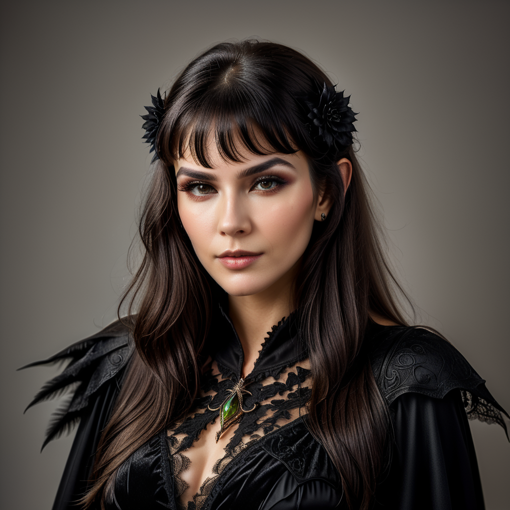 nice pretty witch with bold black outfit, simple background, realistic lighting