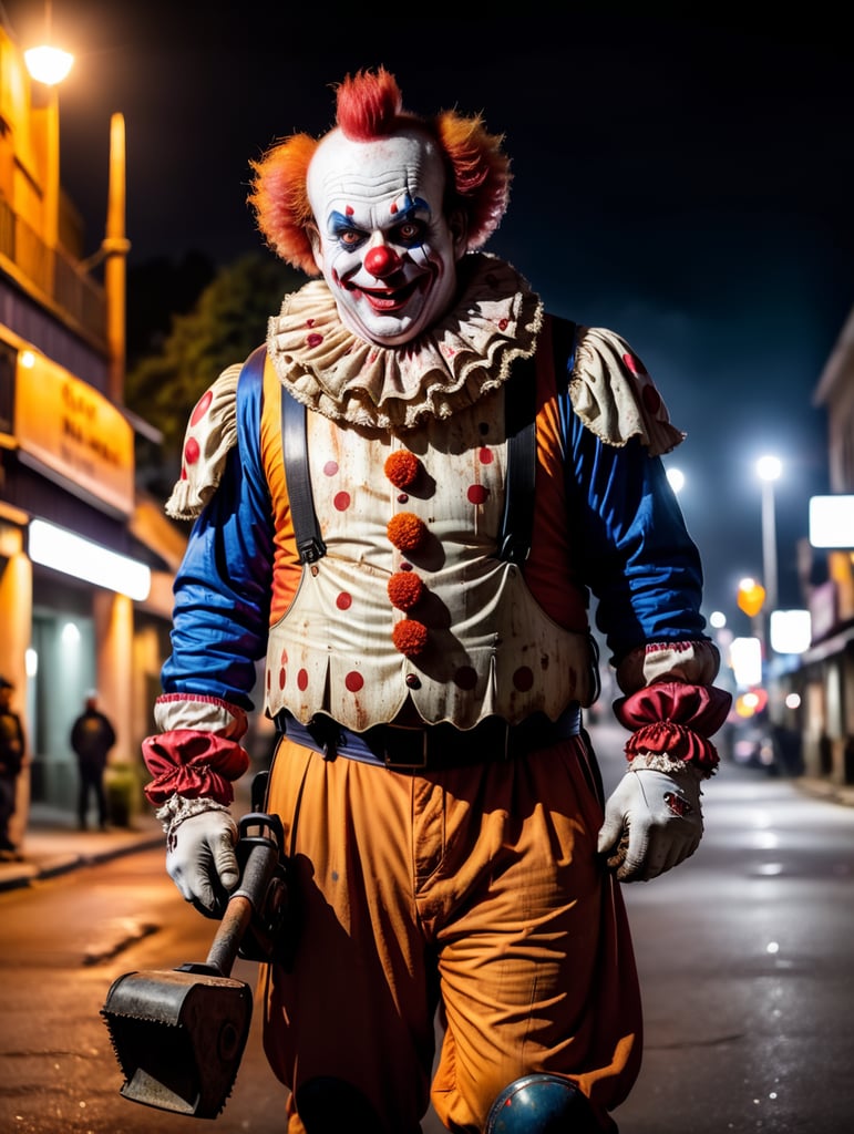 A terrifyingly big-bellied clown on a Halloween-themed street at night, holding a chainsaw with blood on it.