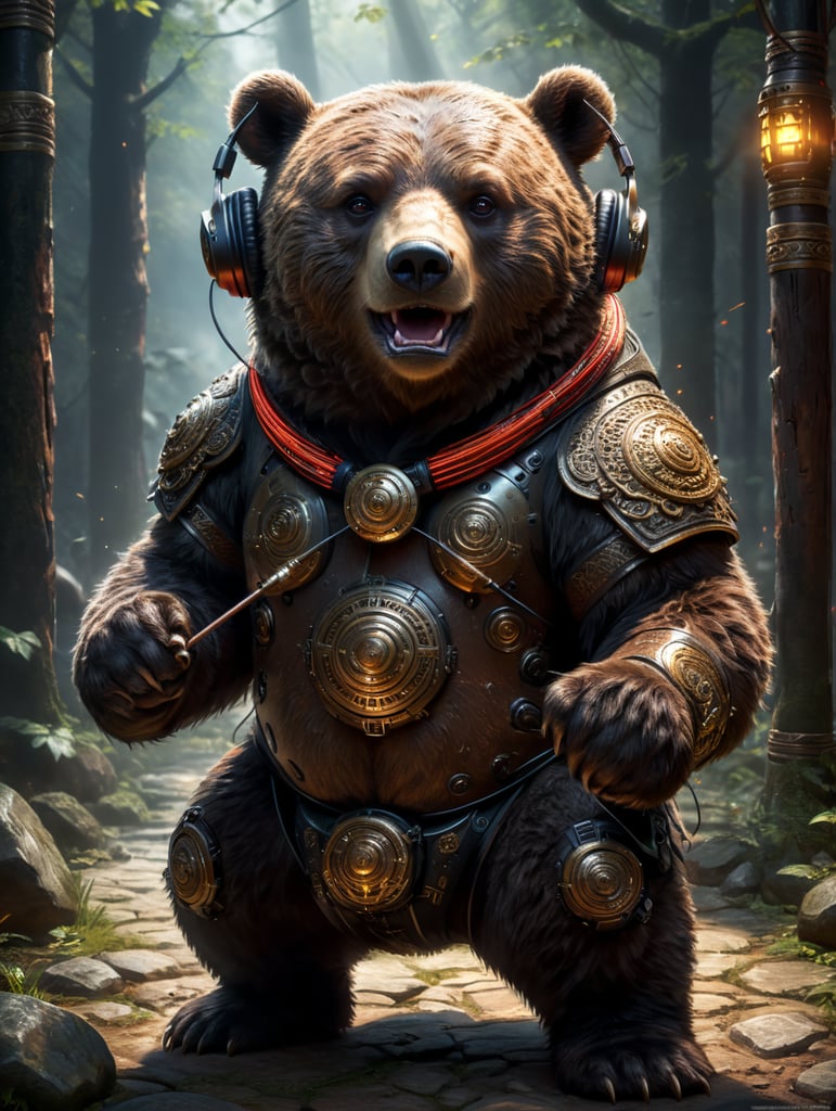a cute bear that knows kung fu and produces electronic music with heavy bass. Wearing headphones and holding a fighting staff