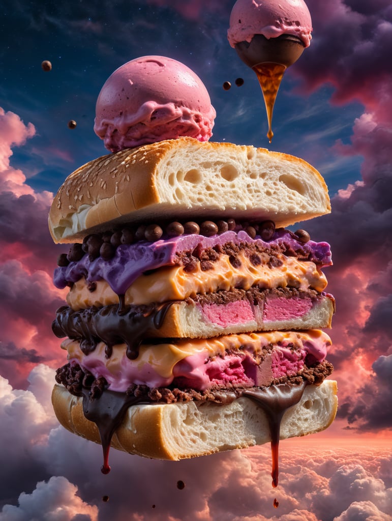 Sandwich made with melt cheese, melt chocolate, red ice cream, chocolate chips. The sandwich is flying in a magic sky with pink and violets clouds