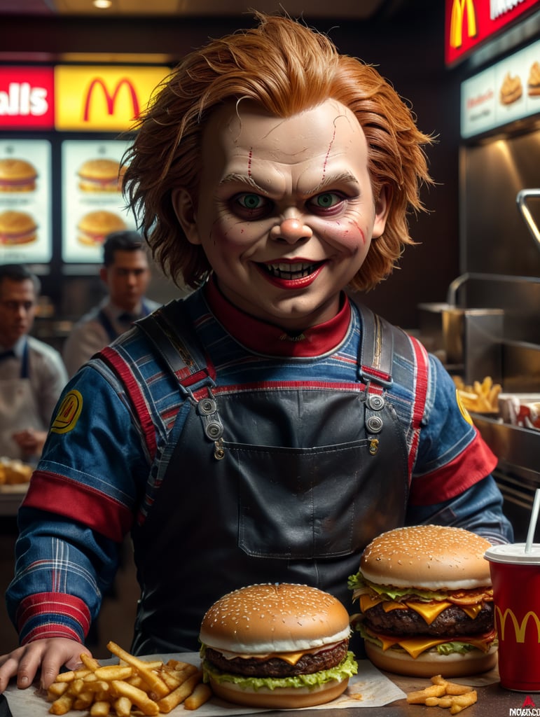 Chucky doll as a McDonalds worker