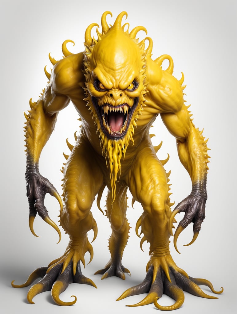 full body portrait of a yellow maniacal cyclops monster, slimy skin, tentacles, fangs, photorealistic, Goosebumps art style, on a blank white backdrop