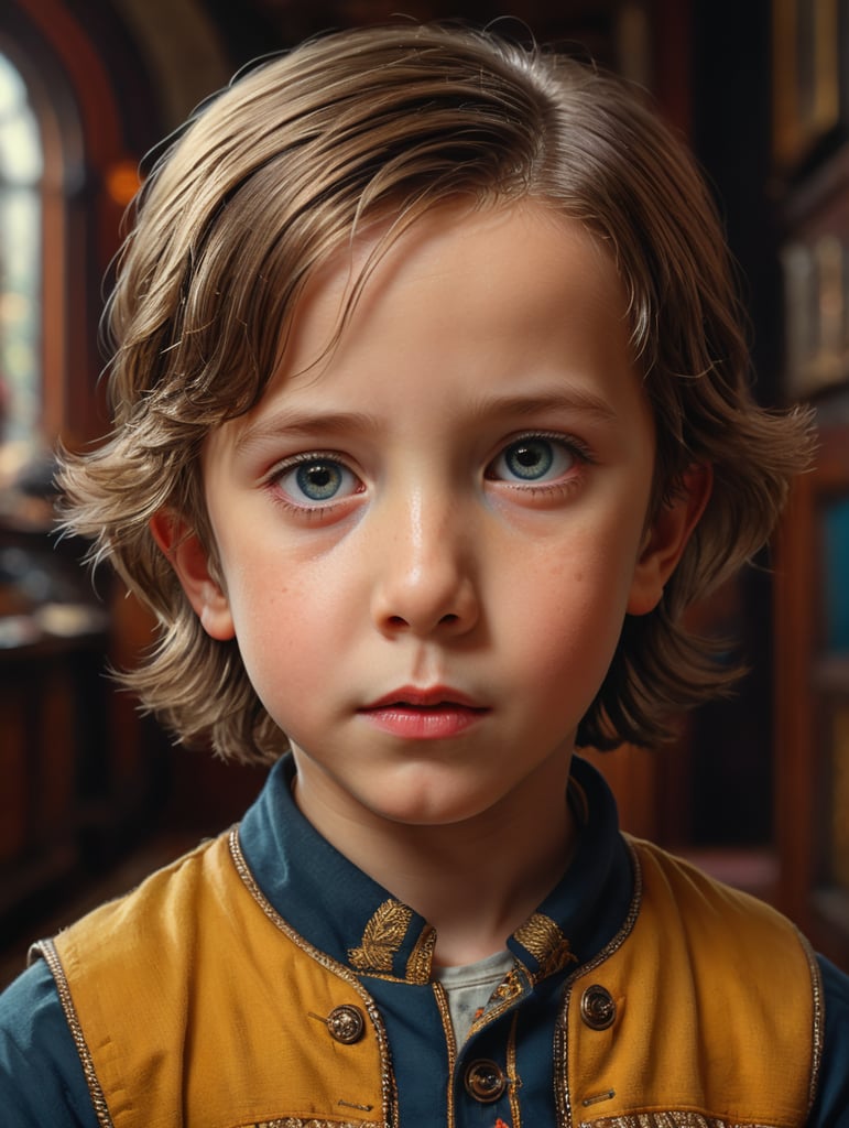 Portrait of a child, three quarters lenght, Wes Anderson style background, bright colors, very detialed