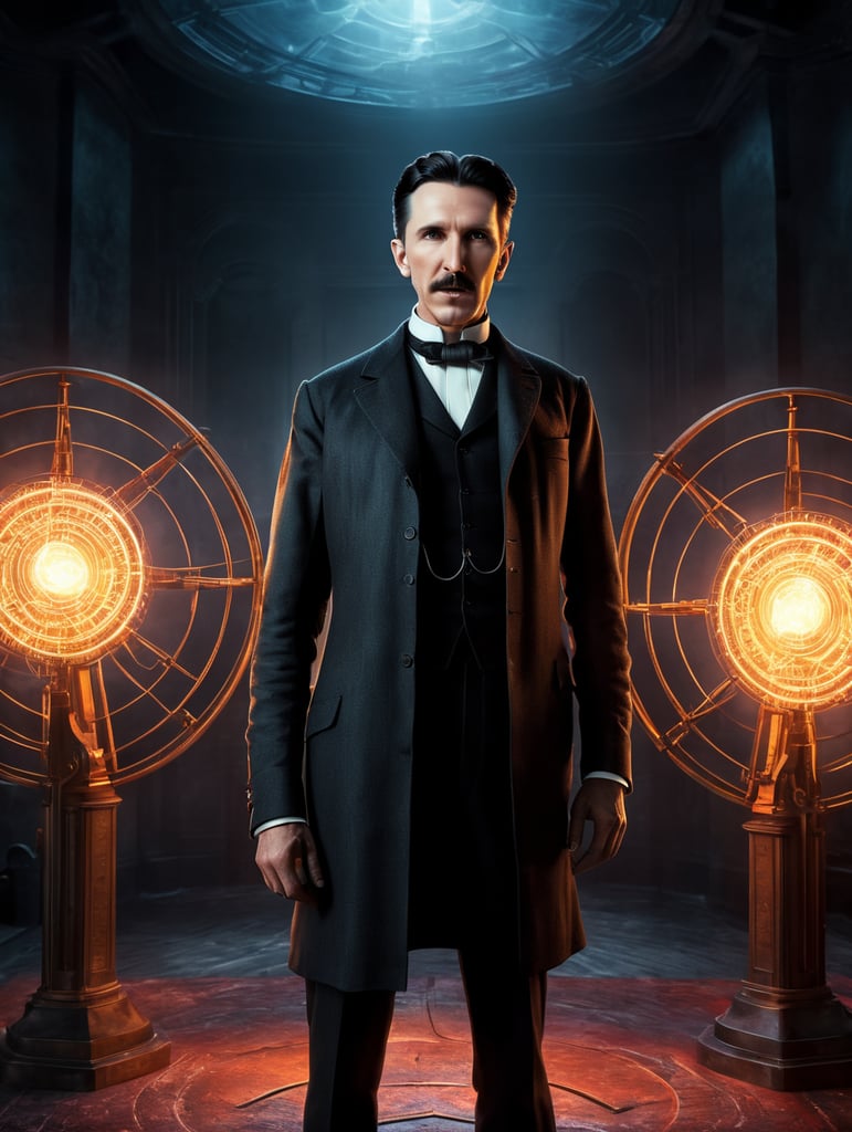 full standing centered Portrait of Nikola Tesla, bright and saturated colors, highly detailed, sharp focus, Bright expressive, Depth of field, Incredibly high detailed, on a white background