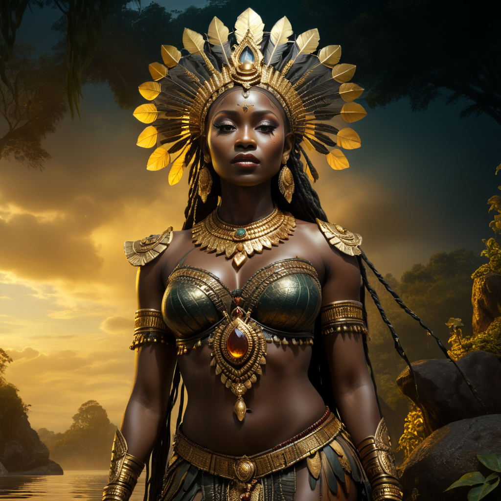 an african queen standing on the water with a golden headdress, in the style of zbrush, chiaroscuro portraitures, detailed costumes, uhd image, forestpunk, bamileke art, western-style portraits