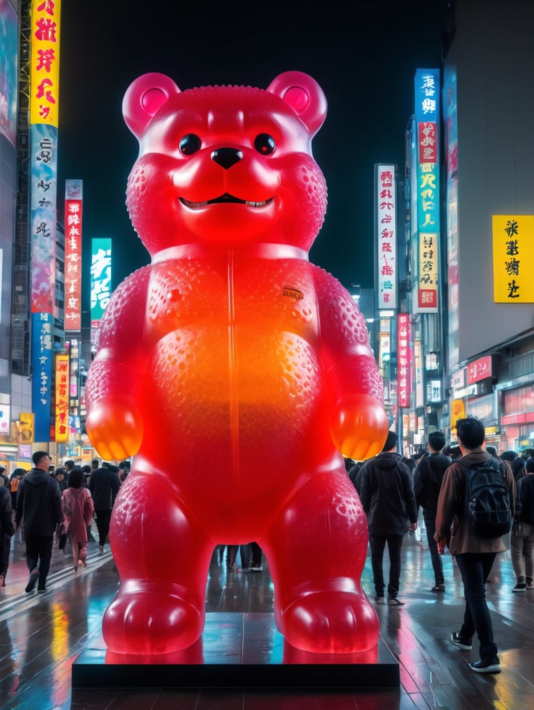 A giant Japanese gummy bear godzilla, translucent, 4 stories tall, walking through Tokyo at night, neon rainy city, cyberpunk, techno city