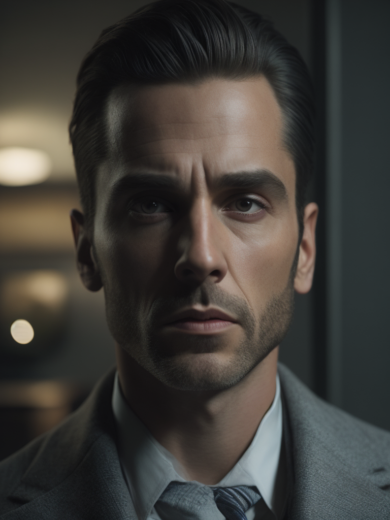 Portrait of a mafia boss in formal suit, Thick build, Hair slicked back, Aggressive look, Against a vintage interior, Subdued tones, Deep colors, contrasting light,