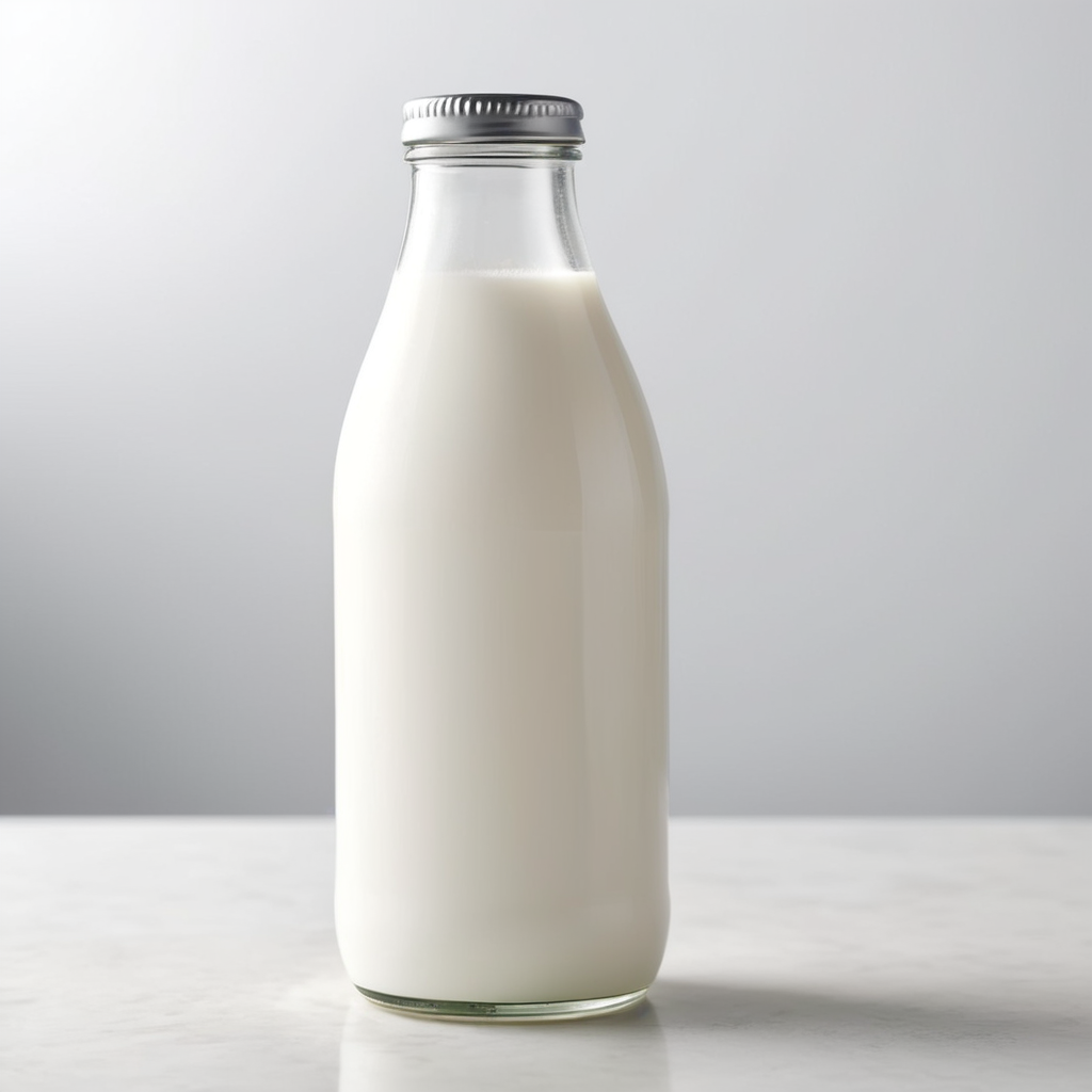 A mockup of a glass bottle of milk.