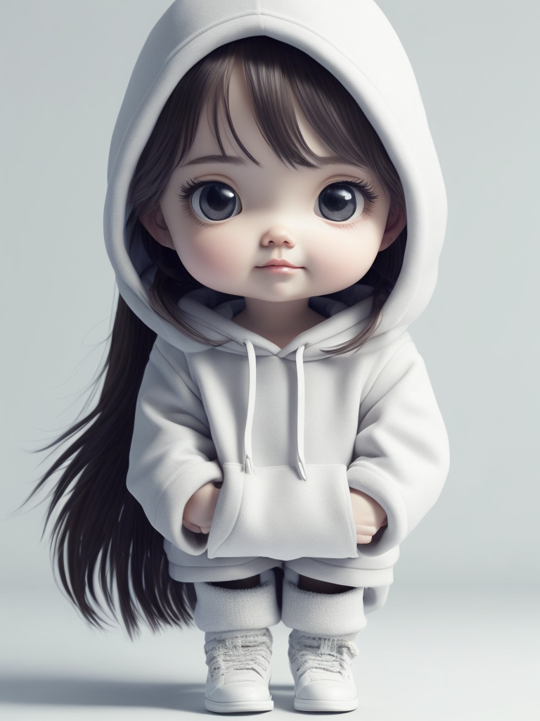 Chibi girl with long hair wearing oversized hoodie and thigh socks 3d render ultra quality hyperrealism
