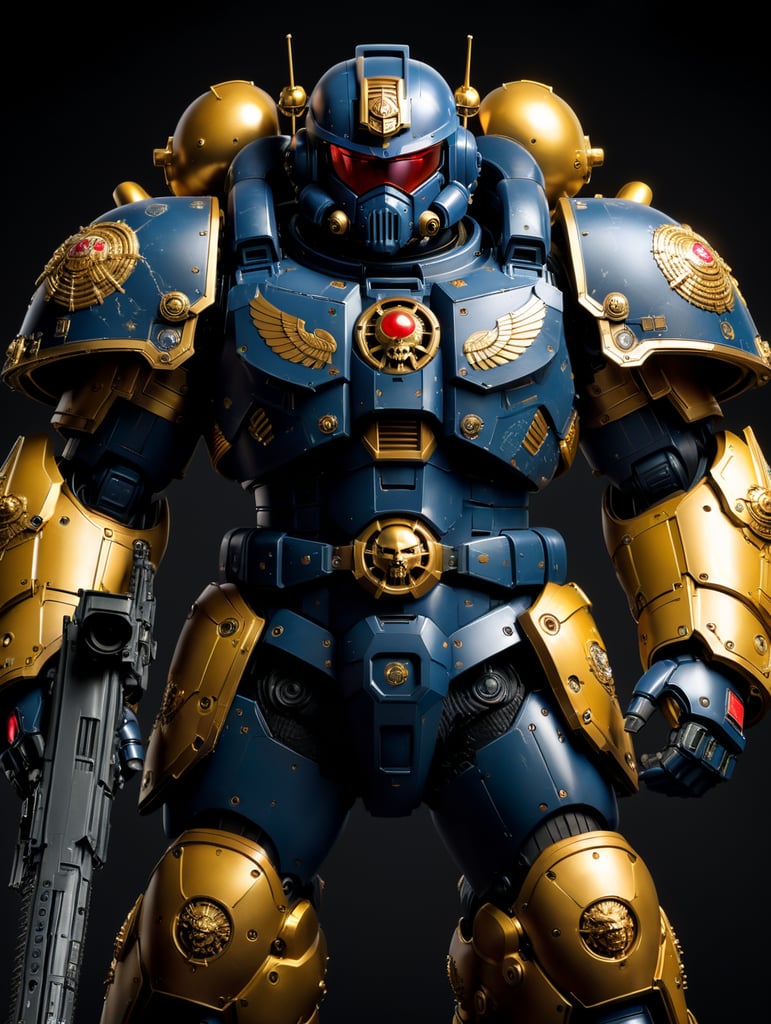 A mixture of 40k space marine suit and Zaku from Mobile Suit Gundam, high res, full body, front view and back view, aspect ratio 9:16