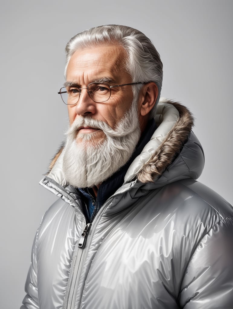 Inflatable white minimalist old man with beard puffer jacket, transparent, isolated, grey background, mockup