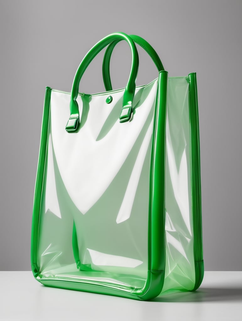 Inflatable vibrant green minimalist women's bag, transparent, isolated, grey background, mockup