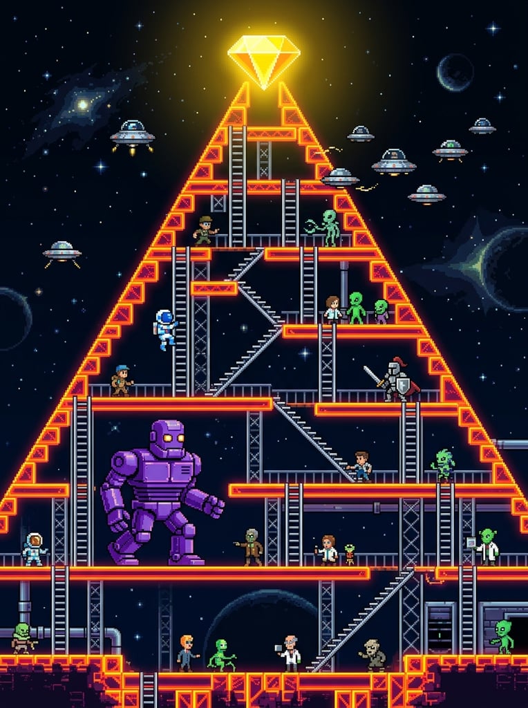 A pixel-art triangular structure of neon orange platforms and silver ladders stands against a dark background, topped with a glowing yellow diamond. Various 8-bit figures, including a tiny astronaut, a giant purple robot, silver flying saucers, and an armored knight, populate the tiered levels.