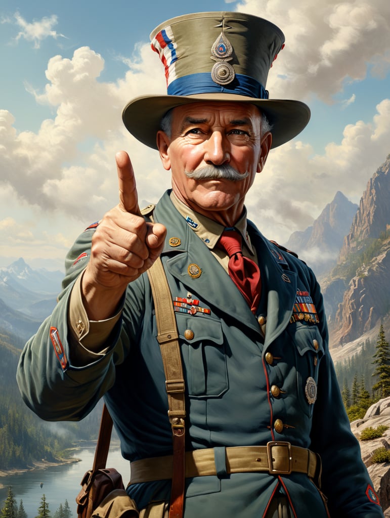 Image of Scoutmaster, Robert Stephenson Smyth Baden-Powell, looking and pointing his index finger forward, as if to say: Hey, you! Reminiscent of the famous illustration of Uncle Sam, with the hat and clothes by Robert Stephenson Smyth Baden-Powell. Don't wear Uncle Sam's hat.