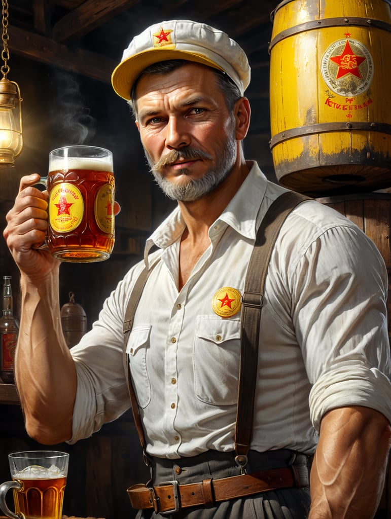 poster, A Soviet man in a white shirt and cap holds a mug of kvass in his hands, a Soviet yellow barrel of kvass can be seen in the background