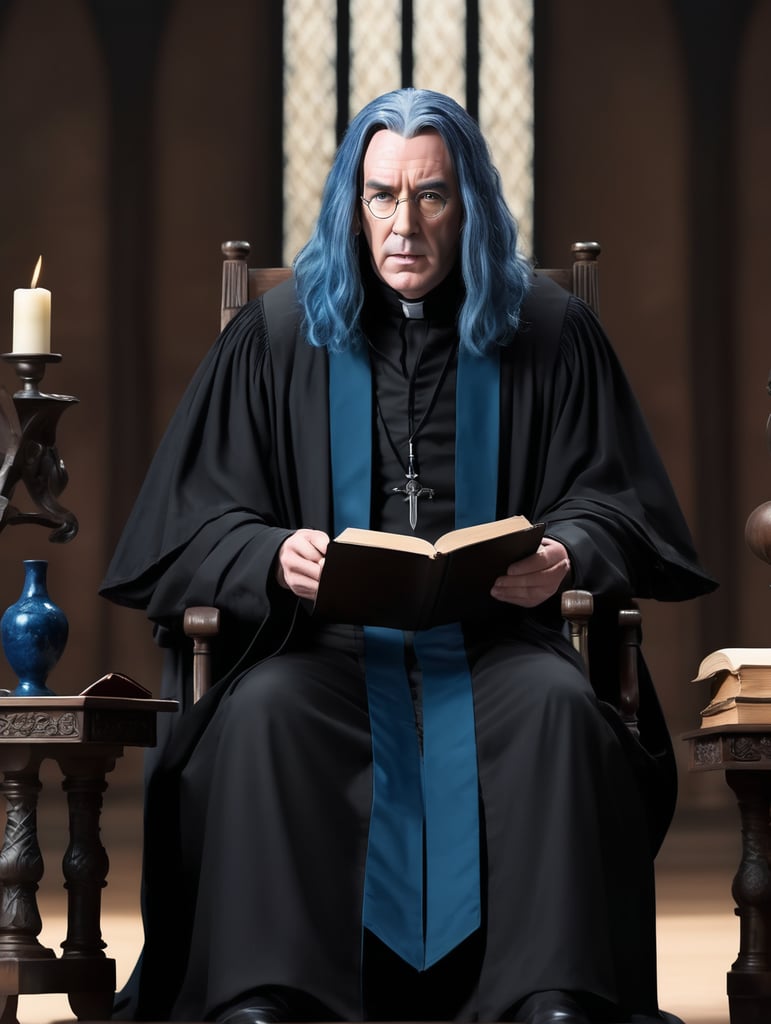 professor Snape from Harry Potter with blue hair, serious face teaching a lecture. He is wearing black robes.