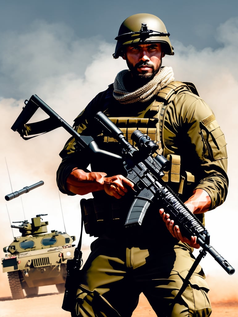 illustration modern solider holding m2 browning