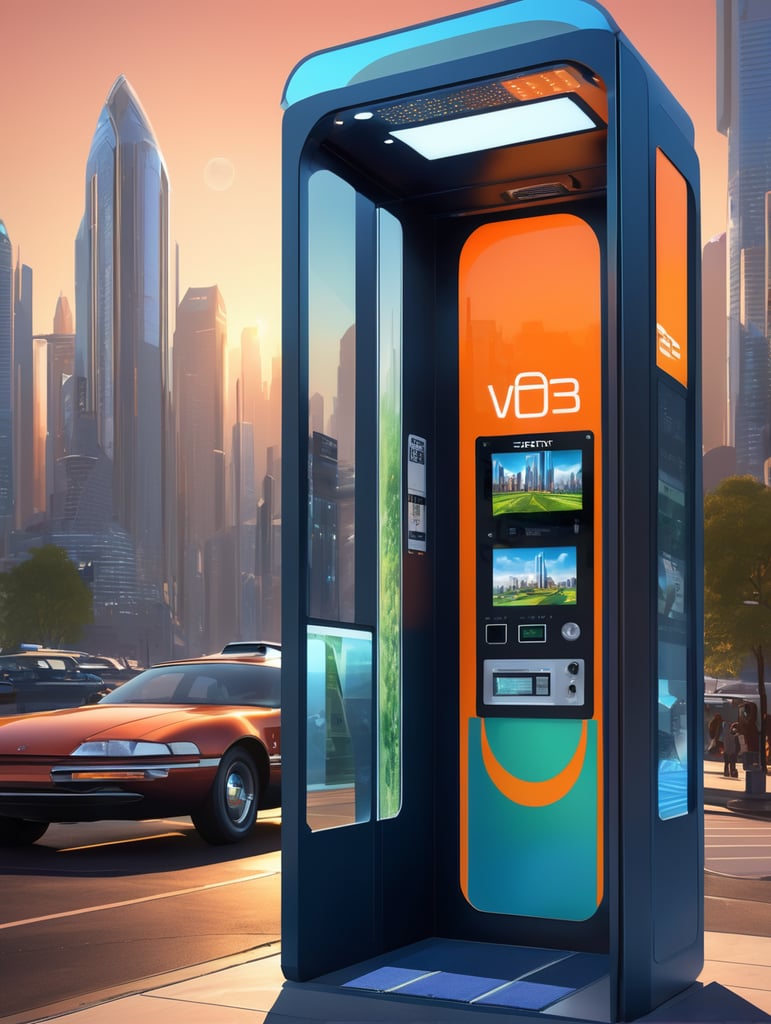 A sleek, state-of-the-art telephone booth with cutting-edge technology and solar power integration, presented through a professional digital illustration style. In the spirit of concept artist Syd Mead, this image showcases a futuristic, cityscape backdrop. The booth exudes minimalism and sophistication with its clean lines and advanced touchscreens. The color palette is a mix of cool, futuristic blues and vibrant, eco-friendly greens. Facial expressions are determined and focused, bathed in the glow of a digitally enhanced atmosphere, demonstrating the embodiment of professionalism in modern technology. --v 5 --stylize 1000