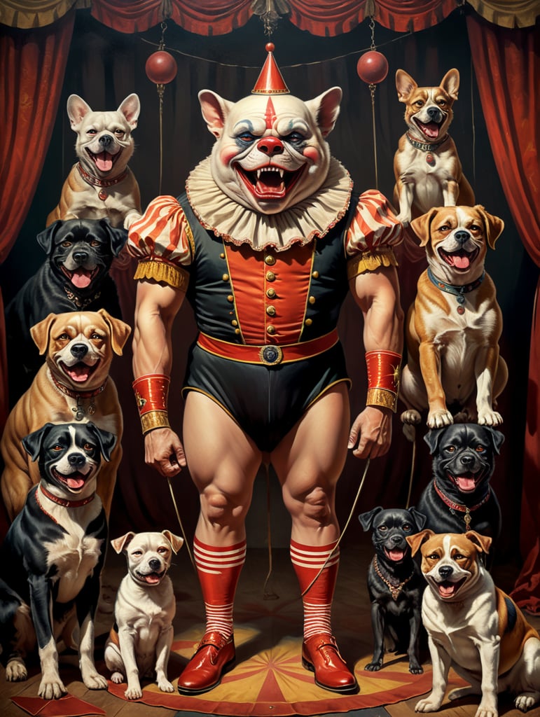 Vintage style circus sideshow poster of a full body anthropomorphic Scary midget with dogs head