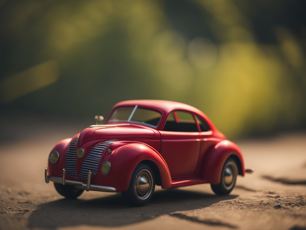 red toy car with ant on top, macro, hdr, ray tracing, global illumination, ultra realistic,