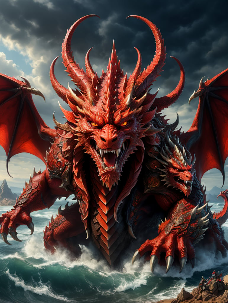 a great, fiery red dragon having seven heads and ten horns, and seven diadems on his heads. It stands by the sea, on a vast wasteland.