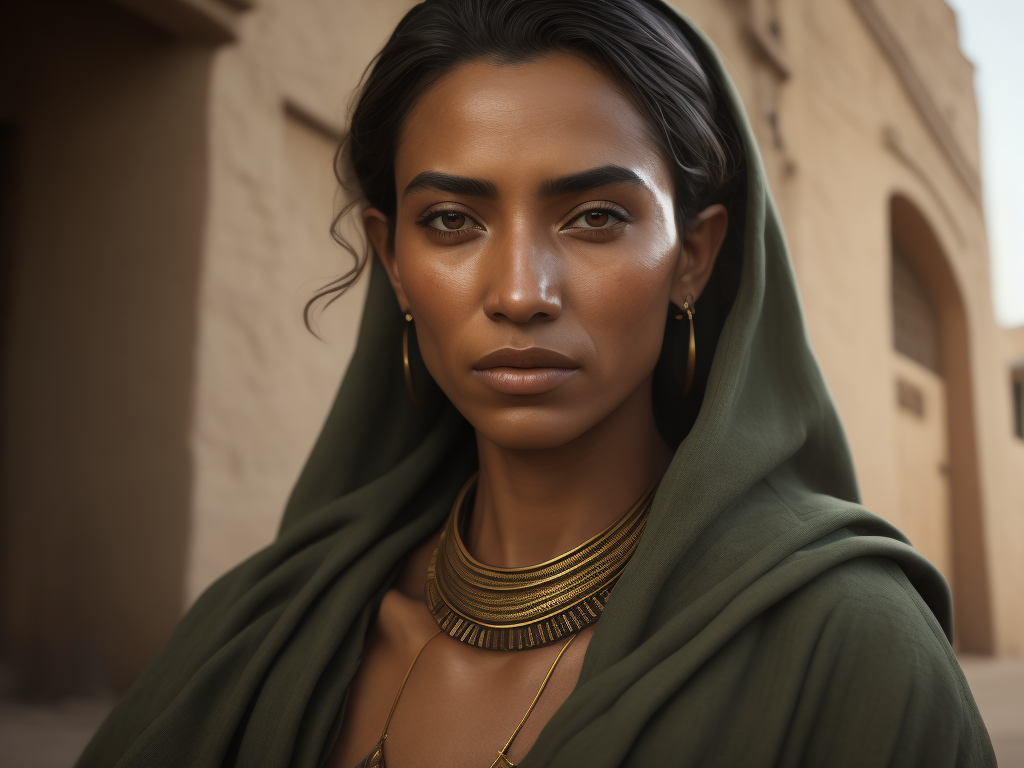 a photorealistic image of an Berber woman from the Bible,National Geographic style, she has a noise ring piercing, face line minimalist tattoos, side view, crossed hands, brown eyes, olive skin, she wears see green and blue wrinkled linen tunic, tanned, hair flowing in the wind, extremely detailed, realistic face, natural skin texture, extremely detailed skin with skin pores, peach fuzz, wearing red linen clothes, Israeli beauty, award winning photo, nikon d850 film archival photography, extremely detailed, amazing, fine details, rich color, texture hyper realistic, spectacular lighting, unreal engine, trending on artstation, 3 4 body view, realistic photo, RAW photo, high quality, high resolution, sharp