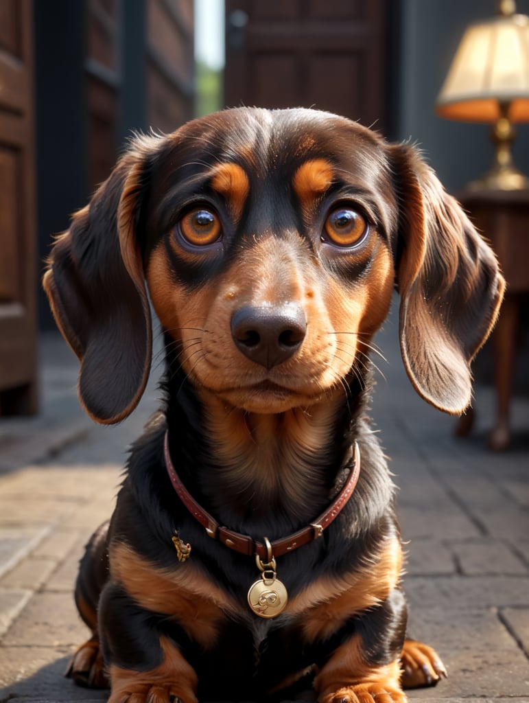 A brown and tan dachshund with large hazel eyes and floppy ears. In the Disney Pixar animation style