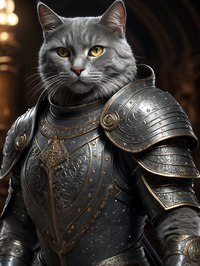 grey cat in a warrior suit