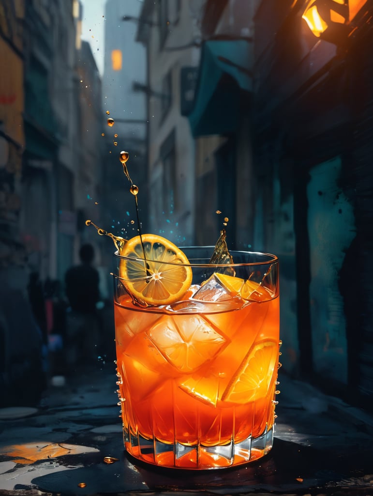 action shot of a bright orange gin cocktail with slice of dried lemon, burning flame on rim