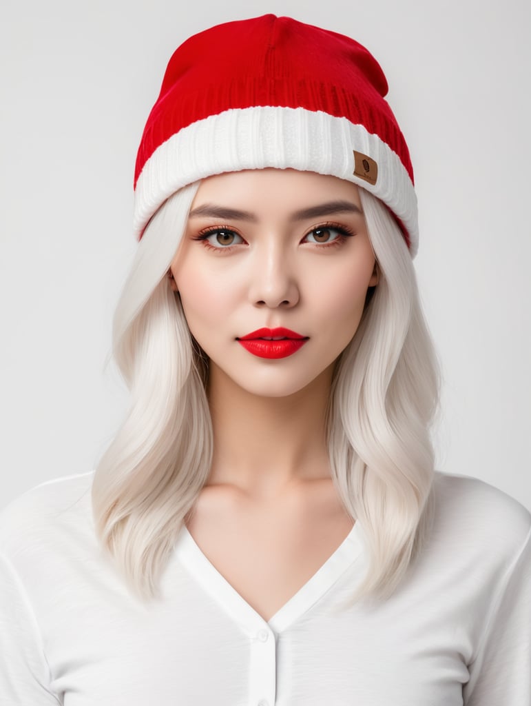 a young women with white hair and red hat on his head is wearing a white lacket, isolated, white background