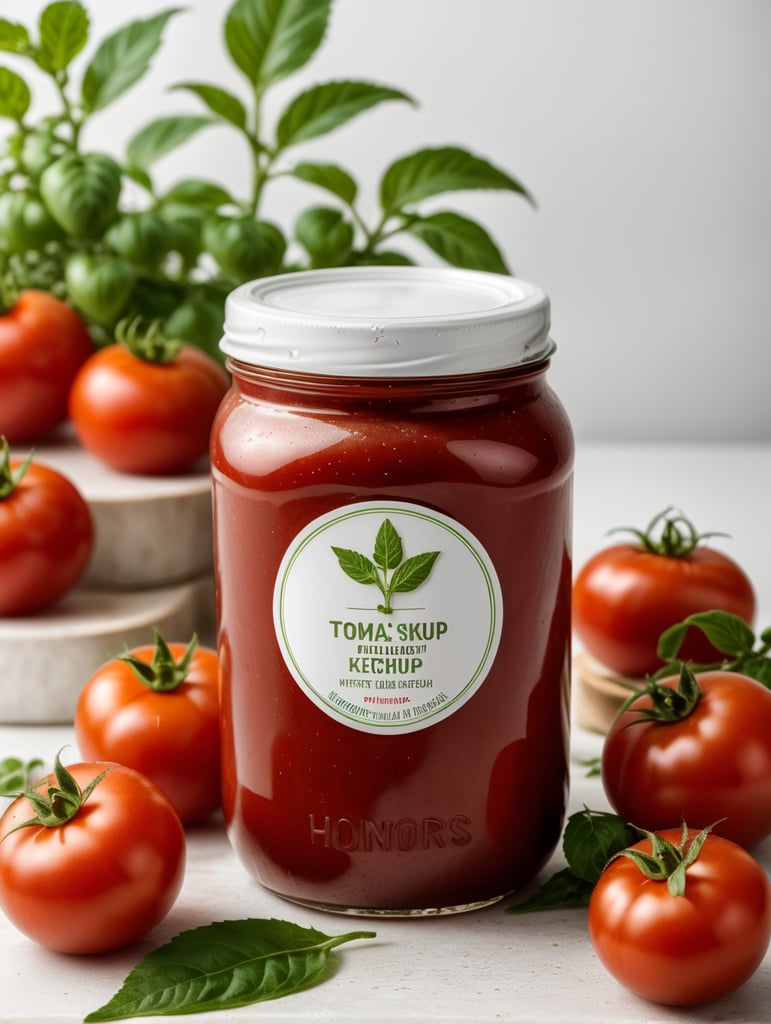 tomato ketchup jar, red tomato with green leaves, isolated, white background, mockup
