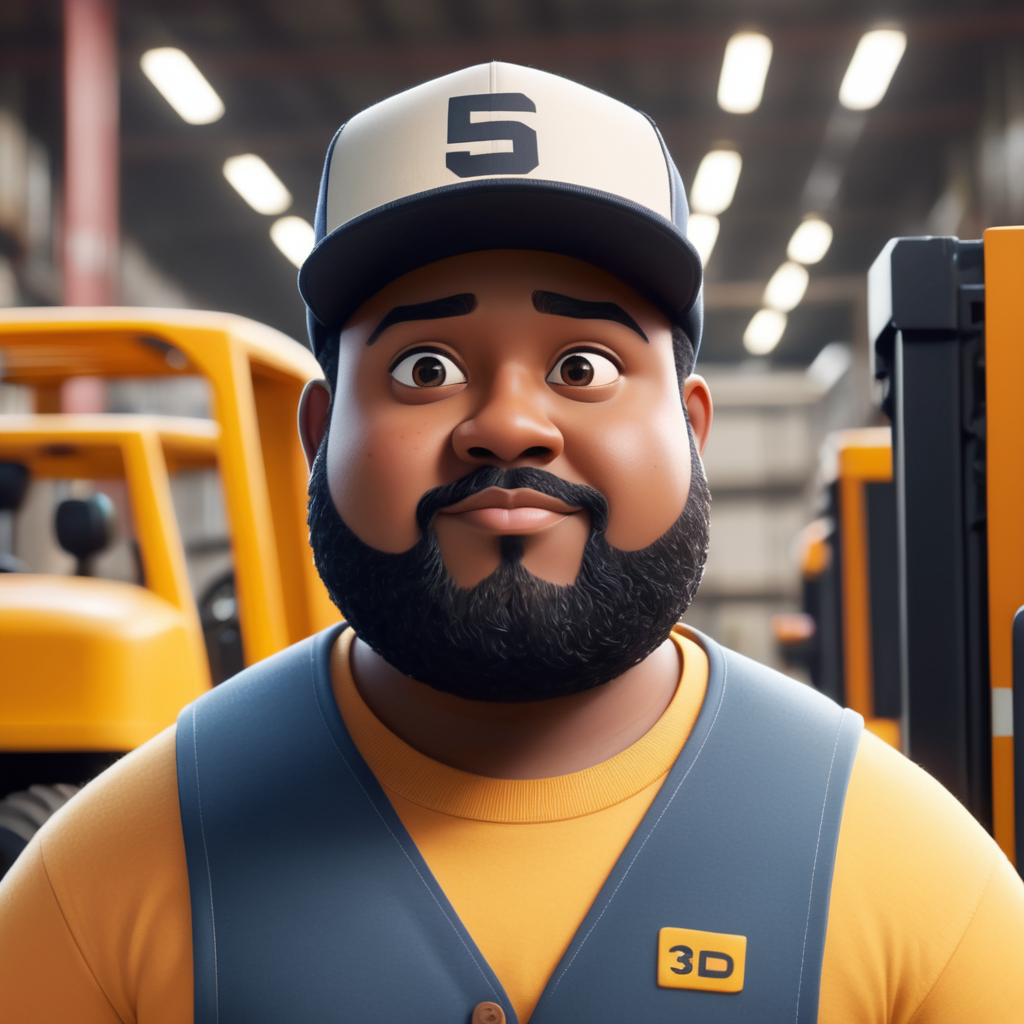 homem negro claro, pouco gordinho, de boné, olhos menores, barba preta, dentro de uma industria com empilhadeiras, estilo disney pixar, 3d