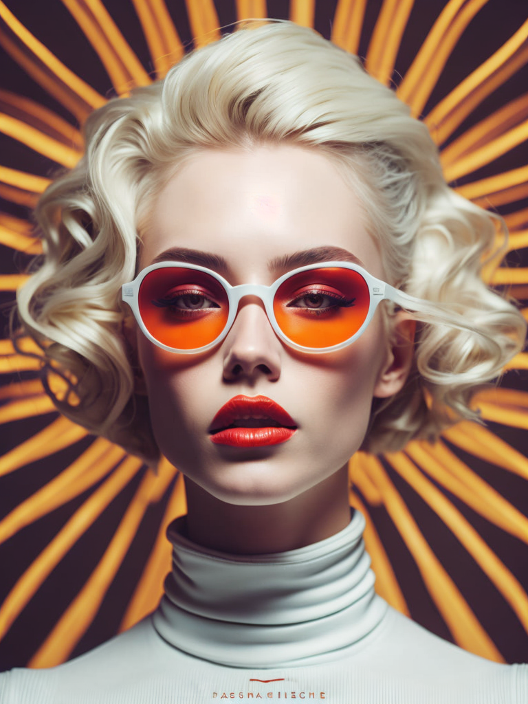 Pale-skinned girl model, wearing a high-necked dress, contrast lighting, white sunglasses with red-orange lenses, red lips, blonde hair in a bob style, dark background with orange-red rays, fashion model, magazine cover, professional shot,