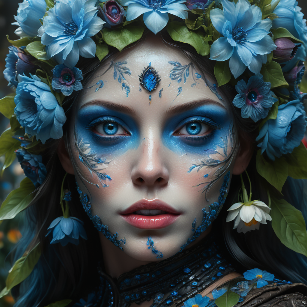 artistic profile highly detiled blue female face covered with flowers, blue eyes, massive lips
