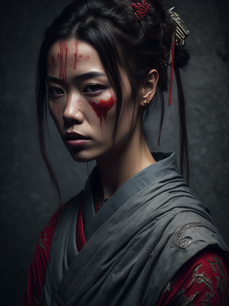 Woman, blood in face, samurai, paint, portrait, best quality