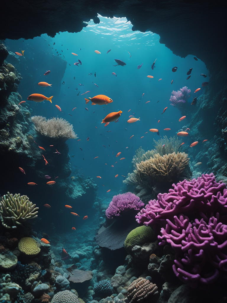 Bring to life a magical underwater scene with colorful coral reefs and exotic fish