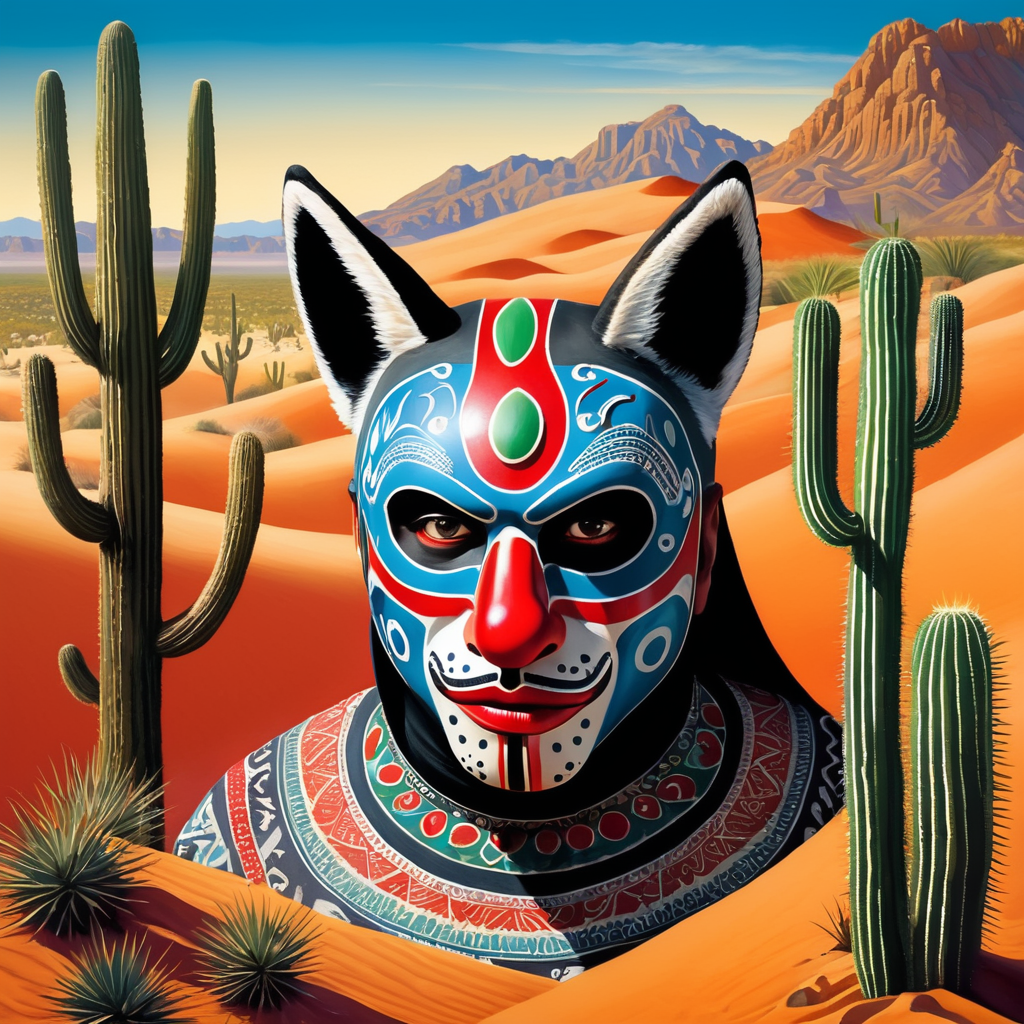 Man wearing a pre-Hispanic mask with a red nose on his face standing in the middle of the desert with some cacti and in the company of a Mexican wolf.