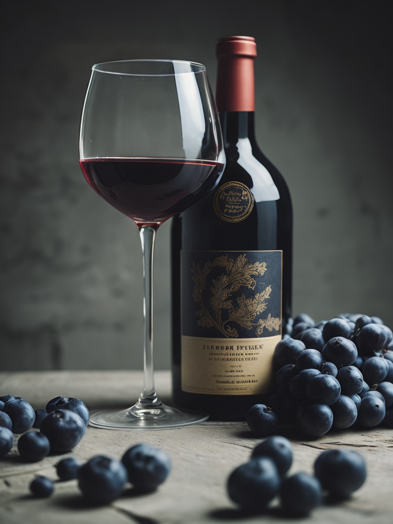wine bottle with glass of dark red wine, grapes