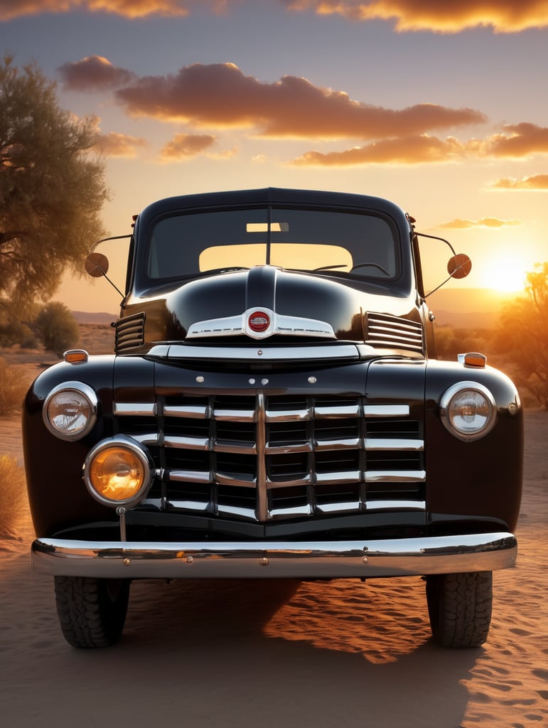 beautiful old pickup at sunset volumetric light, detailed, sharp focus, highly detailed,