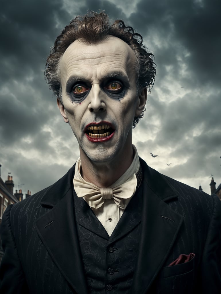 By Tim Burton, spooky Halloween eve, use reference image embodying a grotesque Victorian gentleman ghost, haunted London streets, surreal horror, Halloween charm, cinematic photography, action shoot, movement, epic, high definition