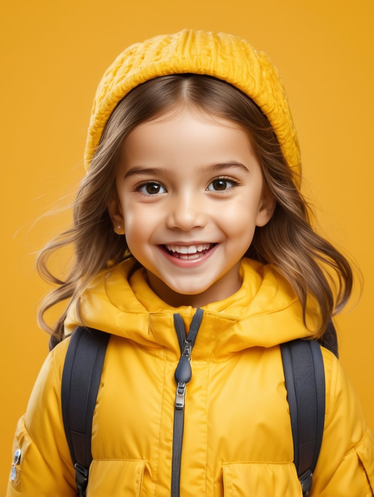 photo happy little girl going to travel, cute girl, dressed in all yellow, yellow background, harpers bizarre, cover, headshot, hyper realistic